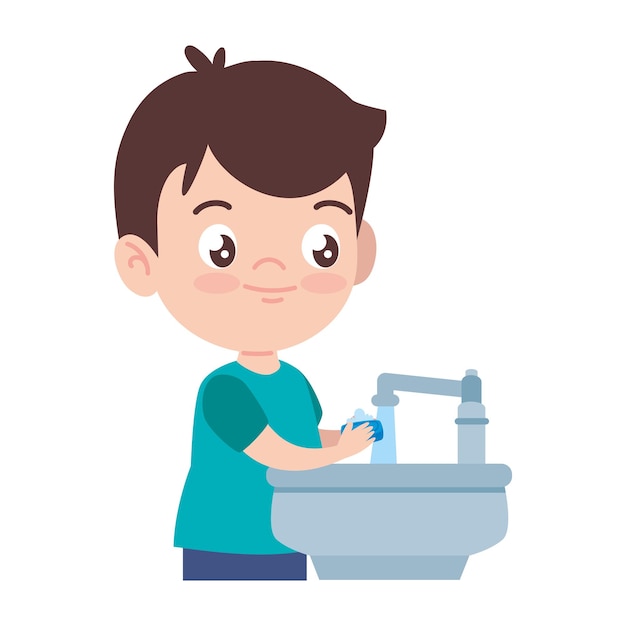 Vector boy washing hands with soap