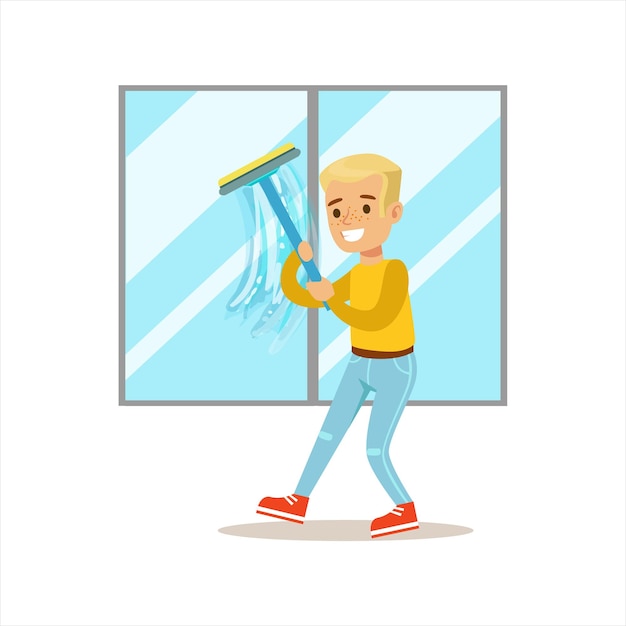 Vector boy washing windows with squeegee smiling cartoon kid character helping with housekeeping and doing house cleanup