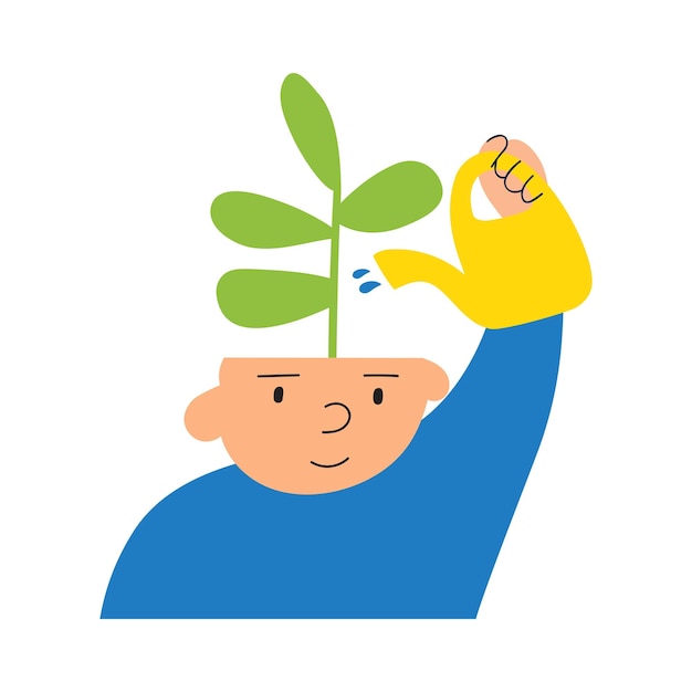 Мальчик, чтобы полить растение в голове Концепция психического здоровья Иллюстрация на белом фоне