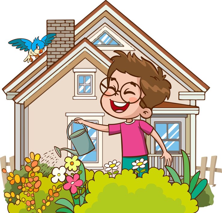 वेक्टर boy watering flowers in front of the house vector clip art illustration
