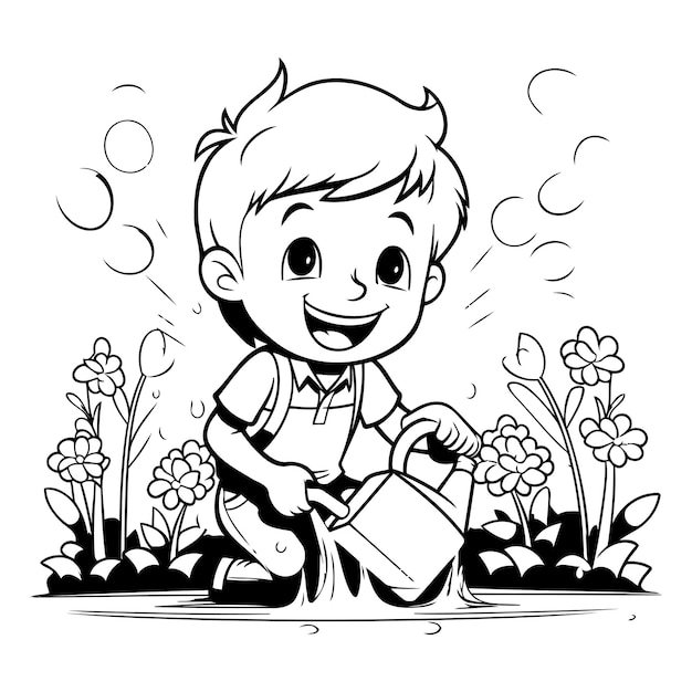 Boy watering flowers with a watering can Black and white illustration