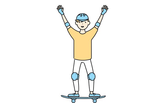 Мальчик машет рукой на скейтборде