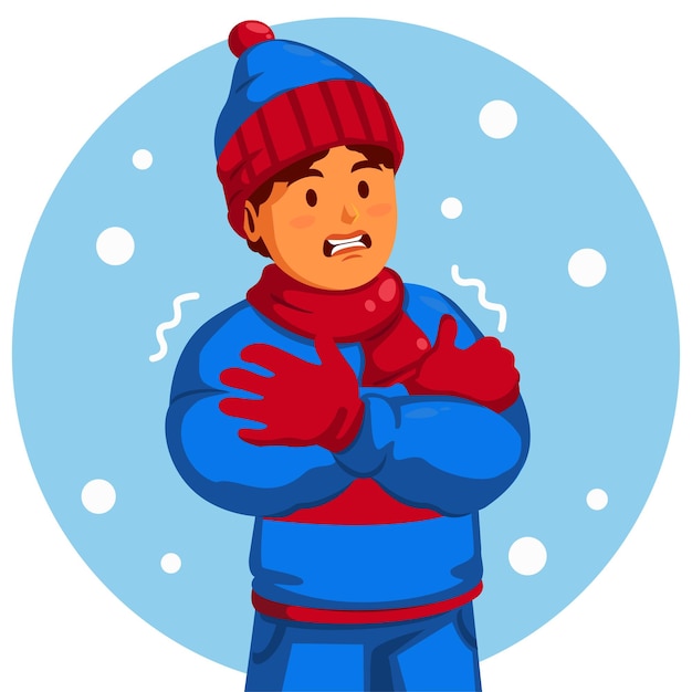 Вектор Мальчик в зимней шляпе и шарфе дрожит от холода.