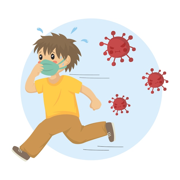 A boy wearing a face mask running from dangerous red viruses, cartoon