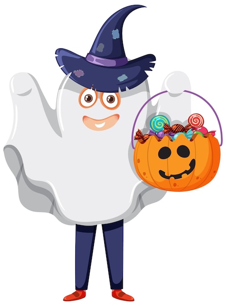 A boy wearing ghost costume halloween trick or treat