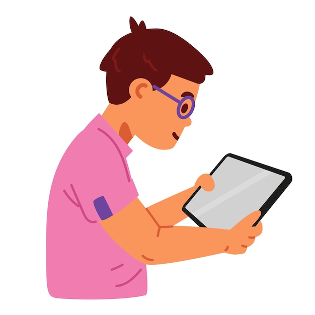 boy wearing glasses playing with tablet