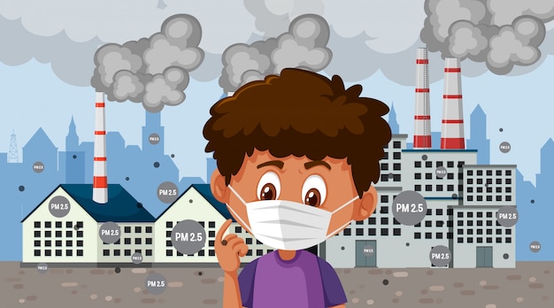 Vector boy wearing mask standing in front of factory buildings