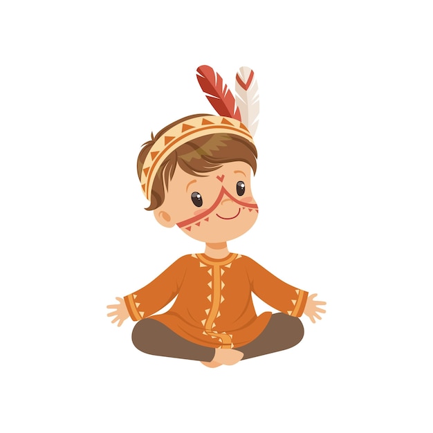 Vector boy wearing native indian costume and headdress sitting on the floor with his legs crossed kid