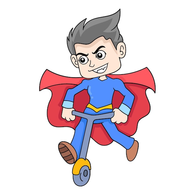 スクーターに乗ってスーパーヒーローのスーツを着ている少年落書きアイコン画像カワイイ