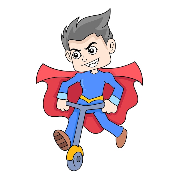 Ragazzo che indossa una tuta da supereroe in sella a uno scooter doodle icon image kawaii