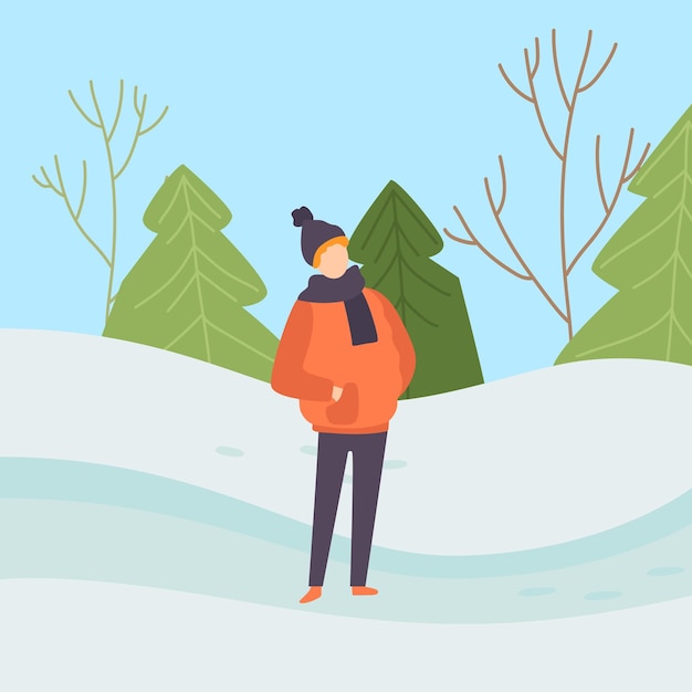 Мальчик в теплой одежде на фоне зимнего пейзажа Векторная иллюстрация в плоском стиле