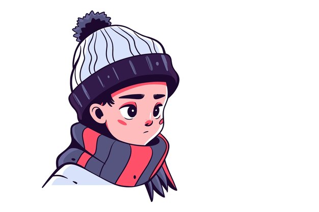 Boy wearing a winter cap and scarf looking sideways with a thoughtful expression Flat vector illustration