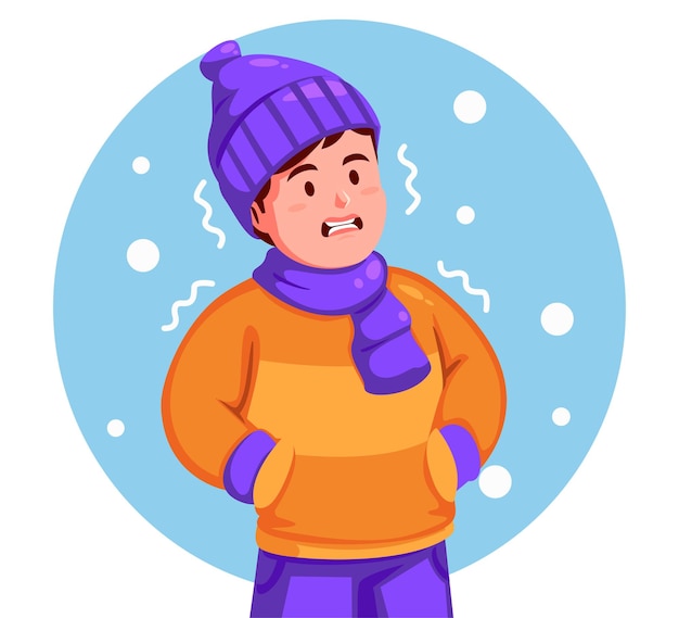 Vector boy wearing a winter hat and scarf feels shivering from the cold