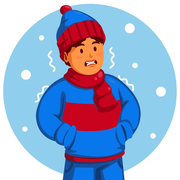 Vector boy wearing a winter hat and scarf feels shivering from the cold