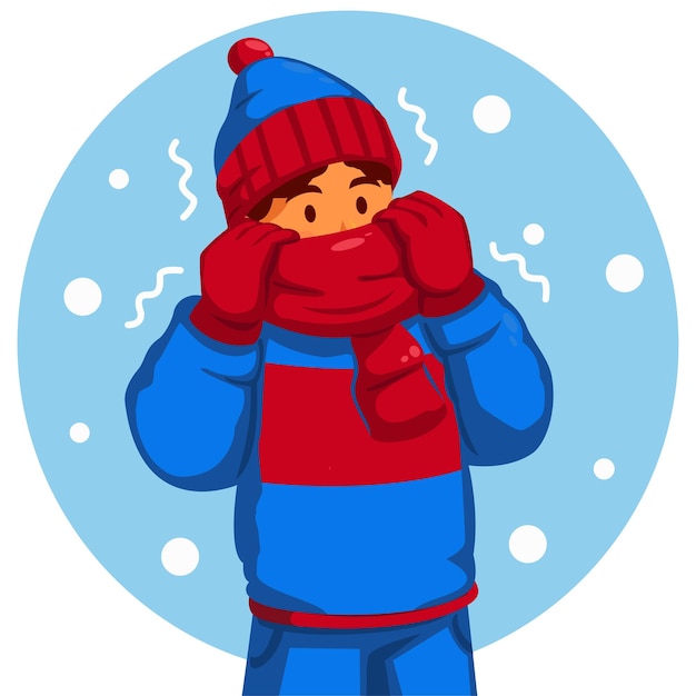 冬の帽子とスカーフをかぶった少年がくしゃみをしている
