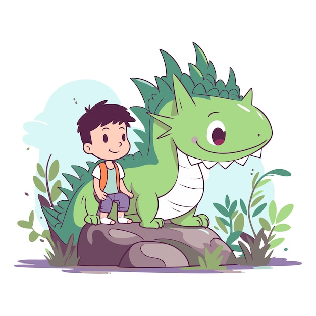 Ragazzo con uno zaino e un dinosauro illustrazione vettoriale di cartoni animati carino