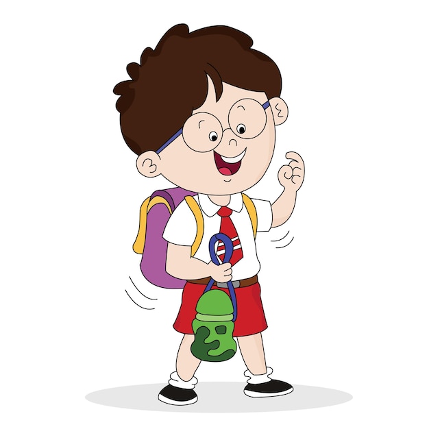 A boy with a backpack and glasses is walking and holding a backpack with the word's on it