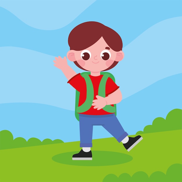 Boy with backpack in grass