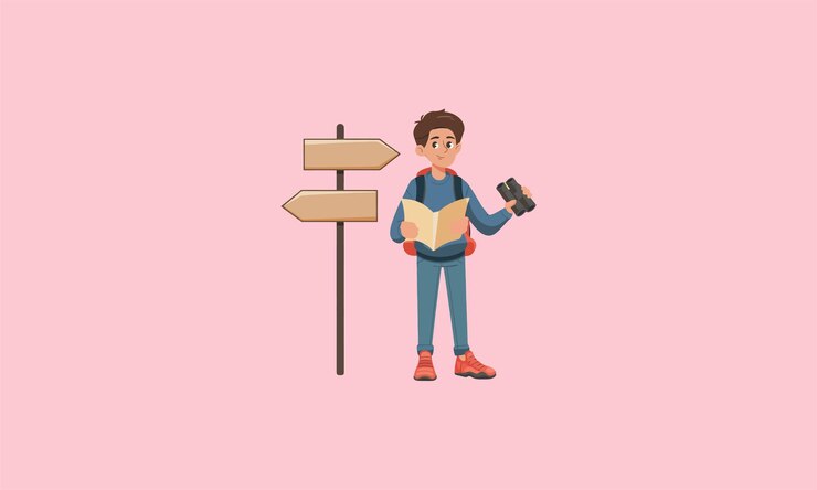 Vector boy with a backpack reading a map at crossroads