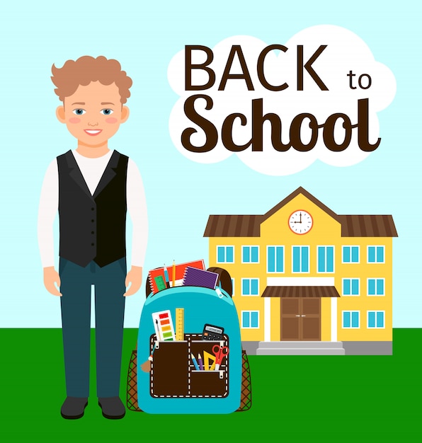 Boy with backpack standing before school