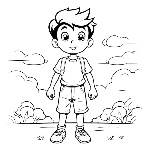 Вектор Мальчик с рюкзаком, гуляющий в парке, чтобы раскрасить книгу.