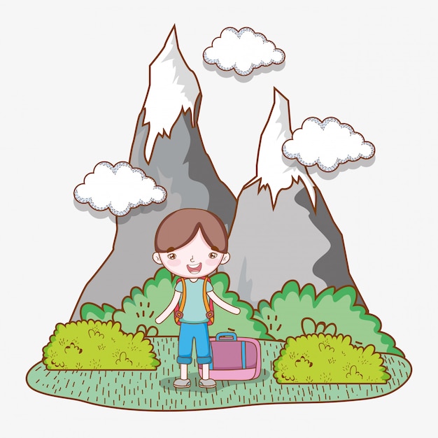 Boy with baggage in the ice mountains with clouds