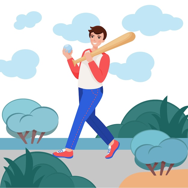 Boy with baseball bat and ball in his hands. Vector illustration