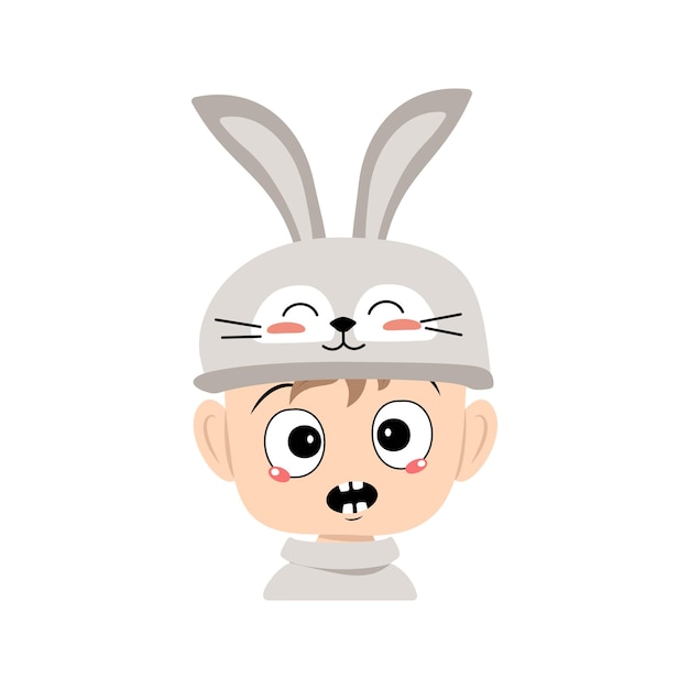 Boy with big eyes and emotions panic surprised face shocked\
eyes in rabbit hat with long ears child with scared expression for\
easter new year or carnival costume for party vector flat\
illustration