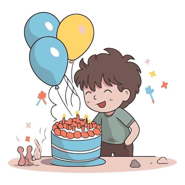 벡터 만화 스타일 의 생일 케이크 와 풍선 을 가진 소년