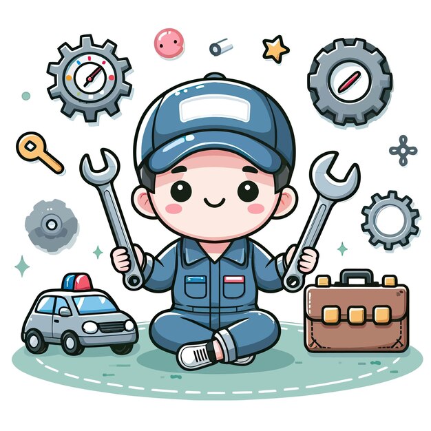 Vector a boy with a blue cap and a blue cap with a tool that says car