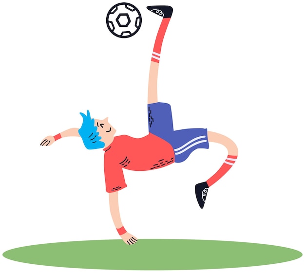 A boy with blue hair kicks a ball.