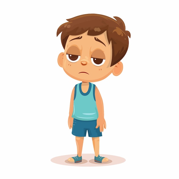 a boy with a blue tank top and a blue tank top has a sad face