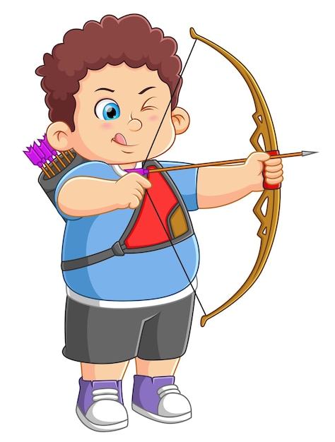 A boy with bow and arrow practicing archery