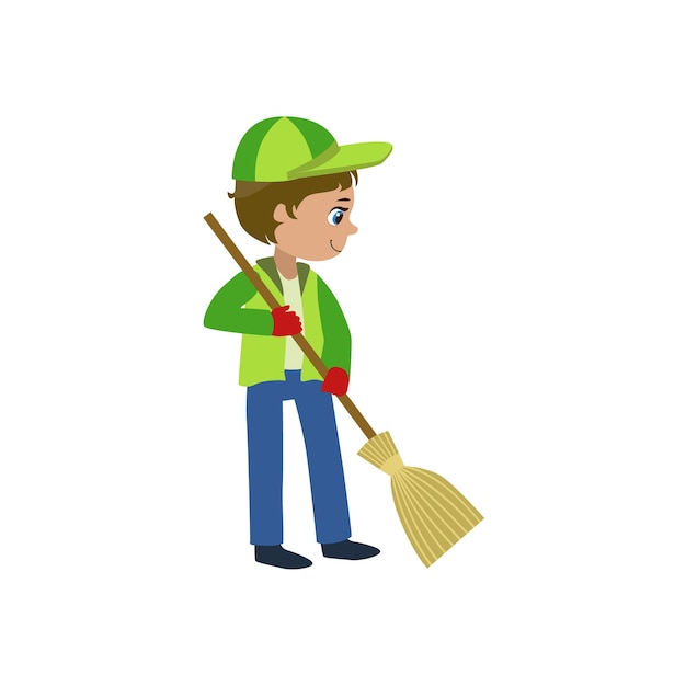 Boy With A Broom Outdoors