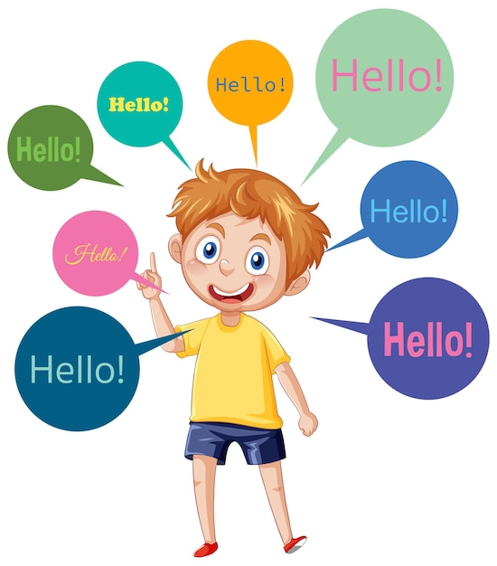 Vector boy with bubble speech greeting