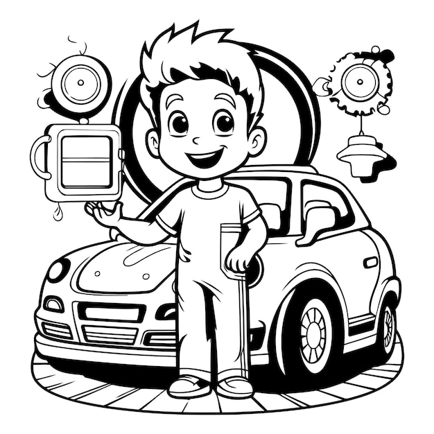 Vector boy with a car and a key for coloring book