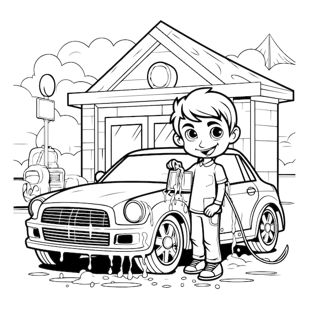 Vector boy with a car on the street black and white vector illustration for coloring book