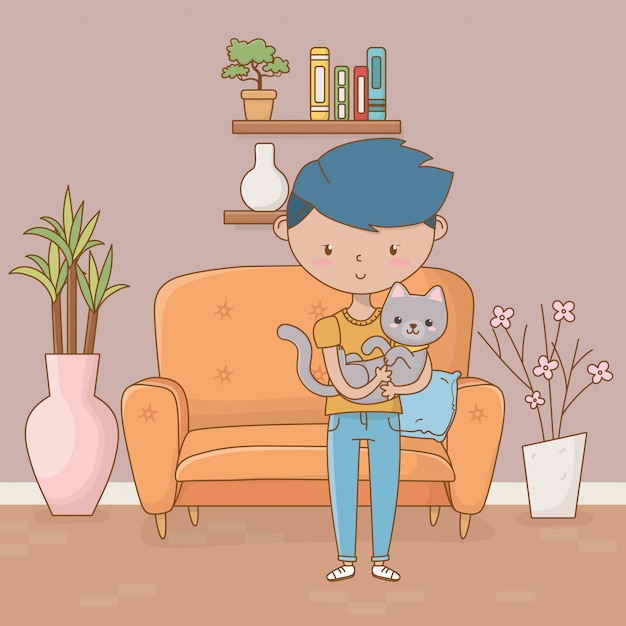 Boy with cat cartoon design