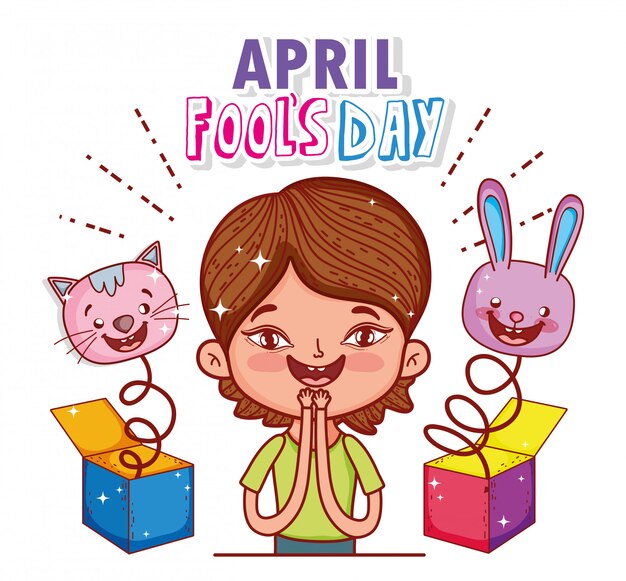 boy with cat and rabbit box to fools day