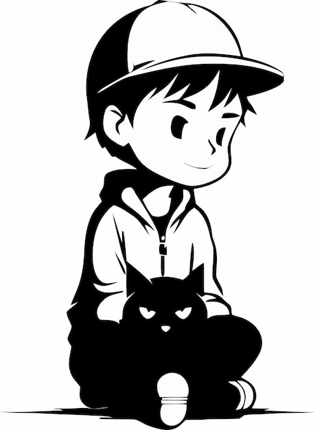 A boy with a cat sitting on a white background.