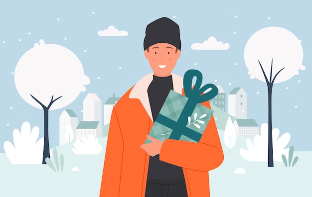 Vector boy with christmas gift snow city street landscape young man holding xmas surprise box