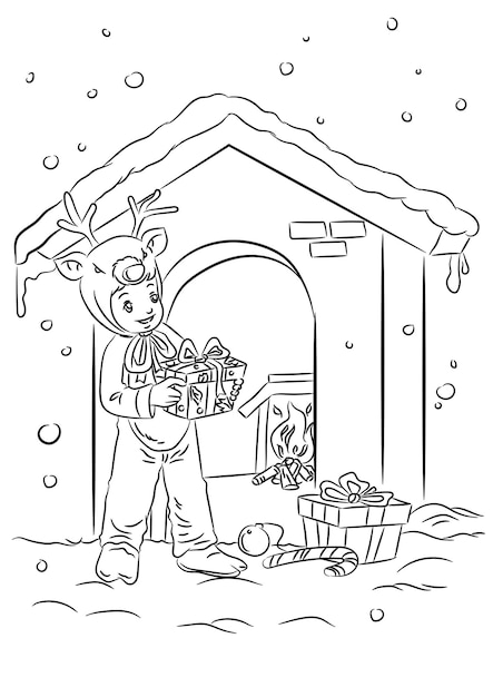 A Boy with costume playing Coloring page for kids