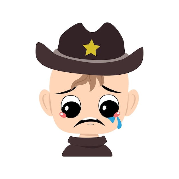 Boy with crying and tears emotion sad face depressive eyes in sheriff hat with yellow star head of c...