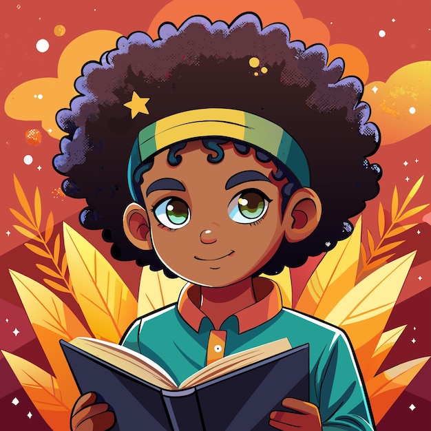 Boy with curly hair reading a book hand drawn mascot cartoon character sticker icon concept isolated