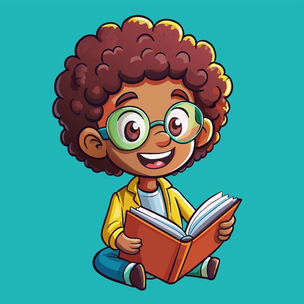 Boy with curly hair reading a book hand drawn mascot cartoon character sticker icon concept isolated