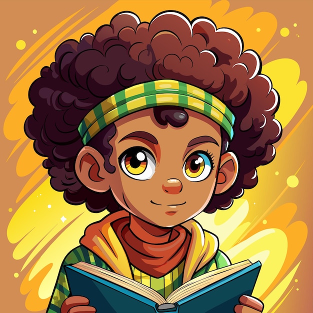 Boy with curly hair reading a book hand drawn mascot cartoon character sticker icon concept isolated