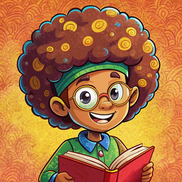 Boy with curly hair reading a book hand drawn mascot cartoon character sticker icon concept isolated