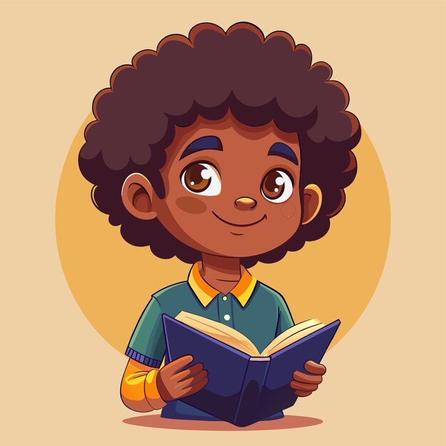 Boy with curly hair reading a book hand drawn mascot cartoon character sticker icon concept isolated