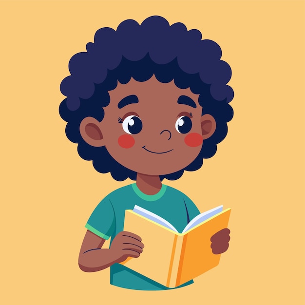 Boy with curly hair reading a book hand drawn mascot cartoon character sticker icon concept isolated