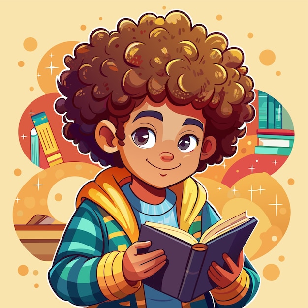 Vector boy with curly hair reading a book hand drawn mascot cartoon character sticker icon concept isolated